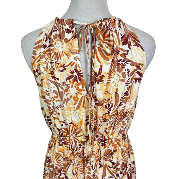 Joie | Orange & Brown Floral Print Halter Neck Sleeveless High Waist Maxi Dress - Picture 4 of 8